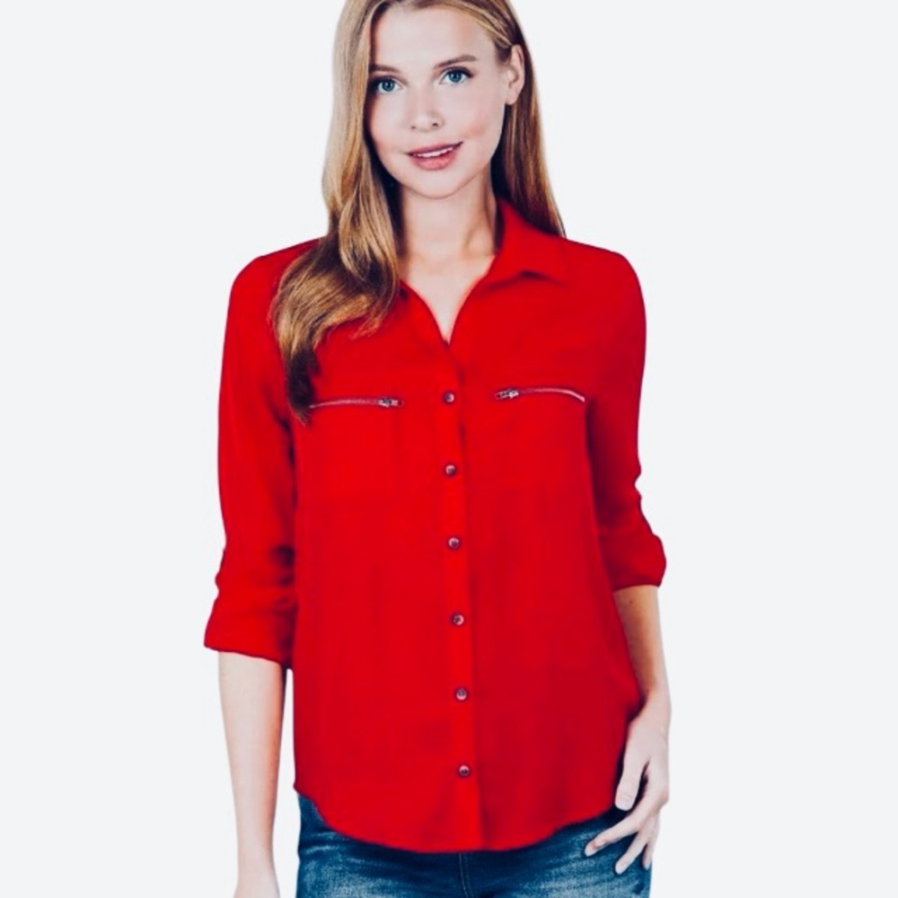 Calvin Klein Red Split Collar Button Down Gold‎ Detailing Zipper Pockets Sz M